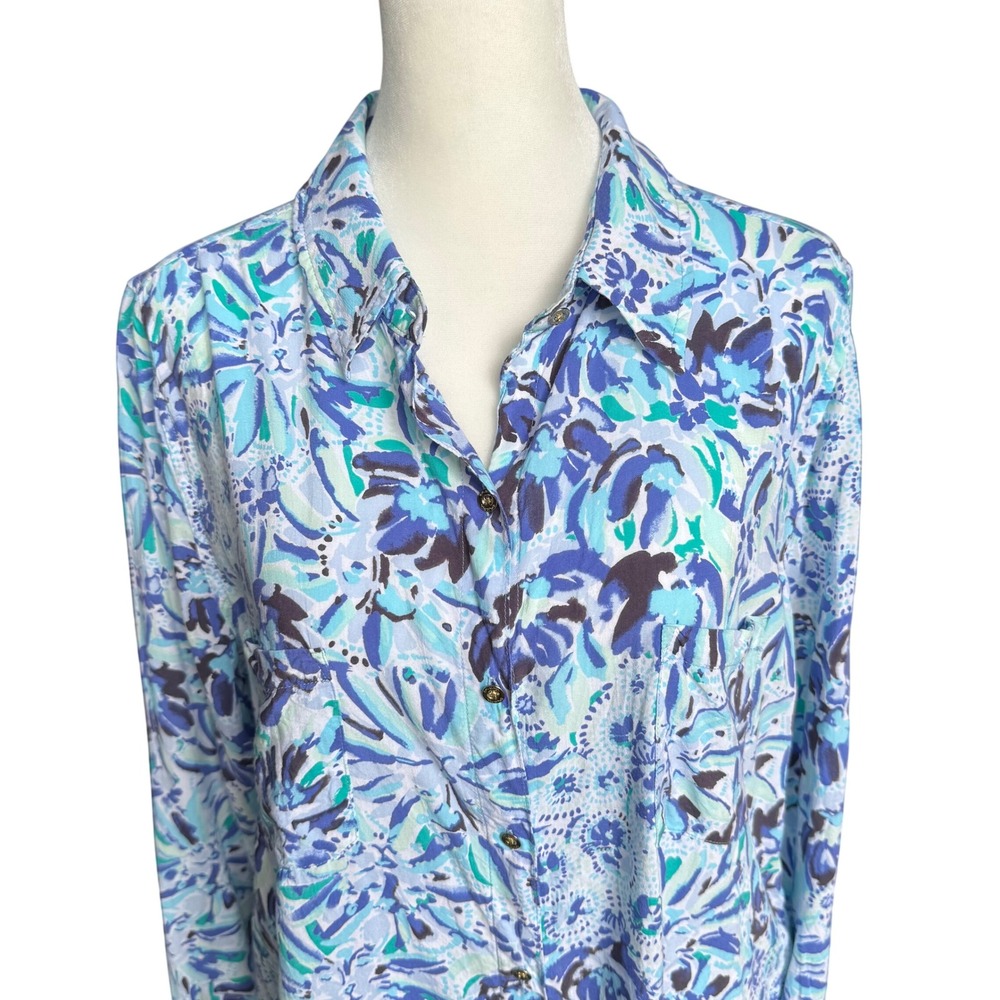 Lilly Pulitzer Floral Button Down Sz L Blue Green Resort Wear Vacation Coastal - Picture 4 of 16